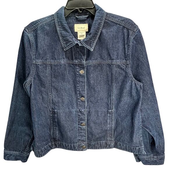 LL Bean Vintage Jean Jacket Women L Blue Denim Pockets Trucker Classic Retro 90s - Picture 1 of 15